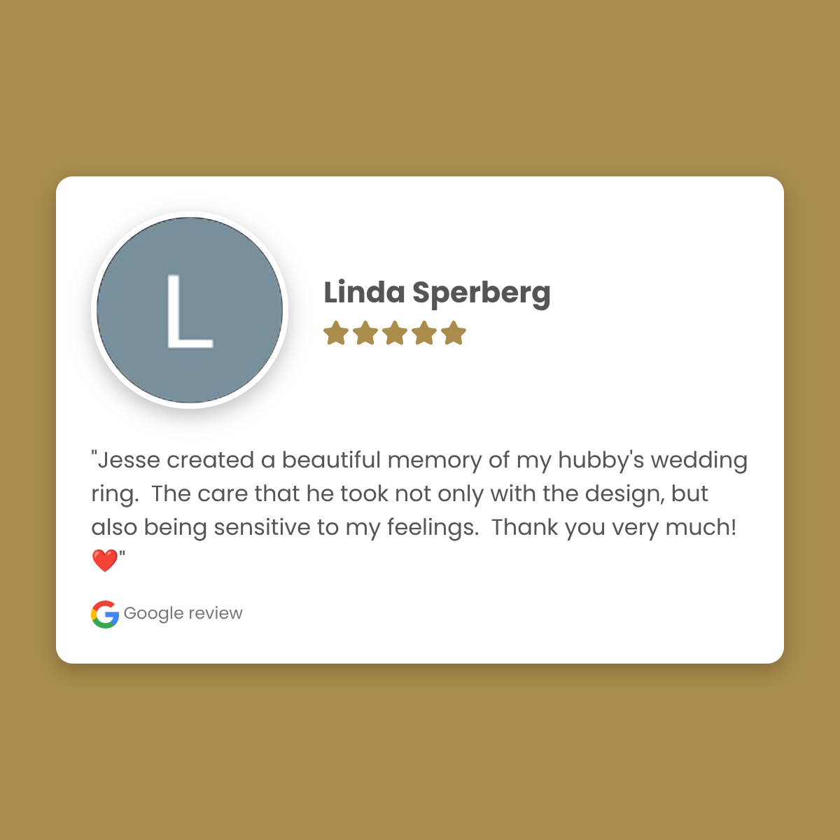 Google review card with a five-star rating and a personalized message on a brown background