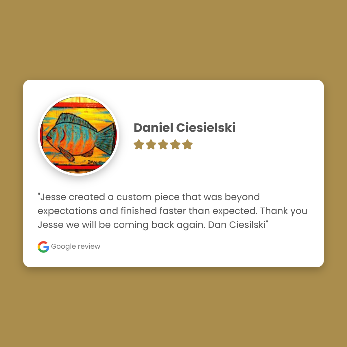 Google review with a customer's name and rating on a gold background