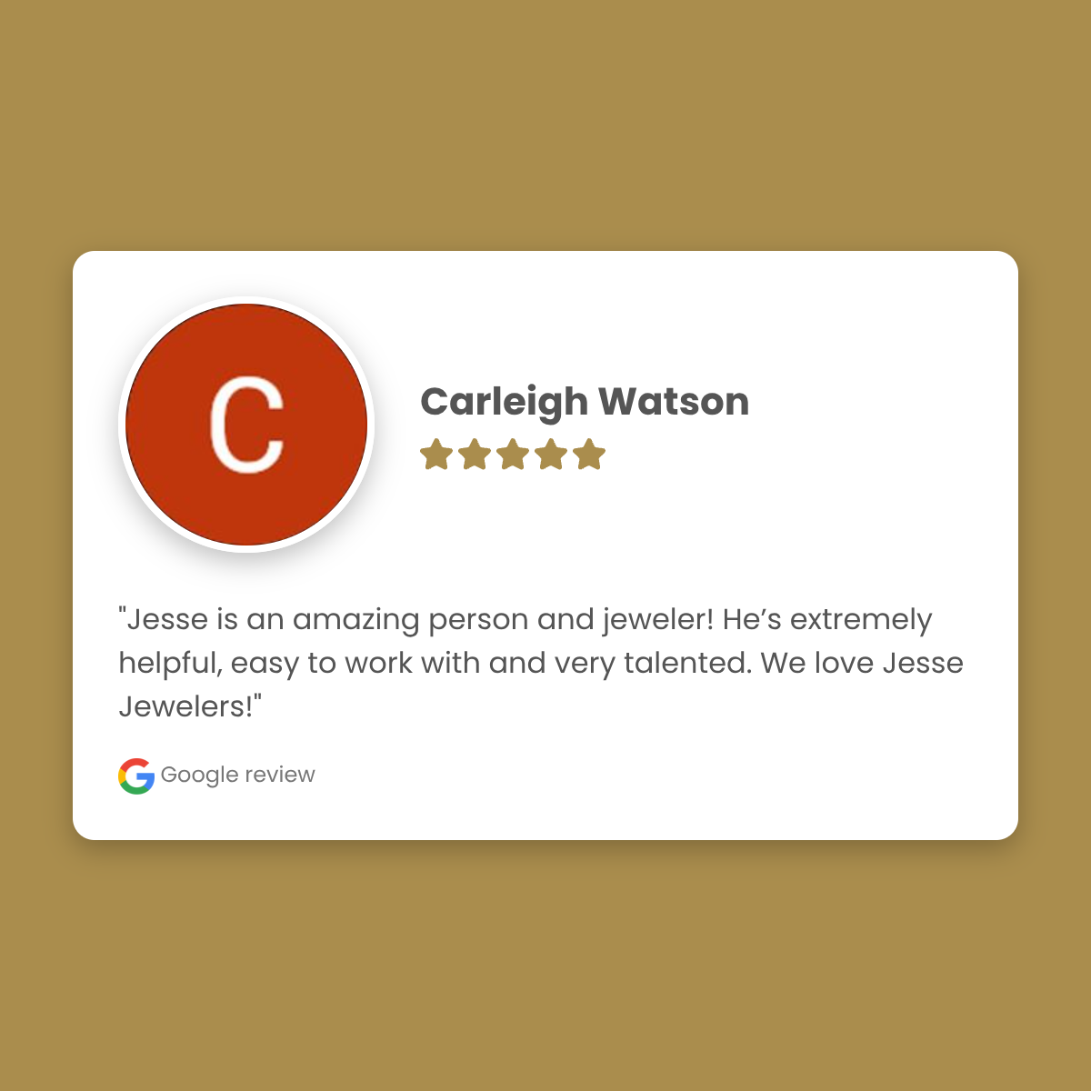 Google review card for Carleigh Watson with a five-star rating on a brown background