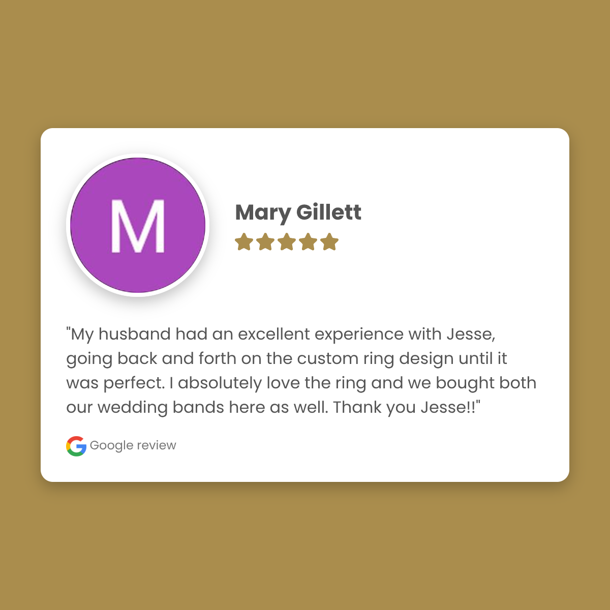 Google review card with a customer's positive experience on a brown background