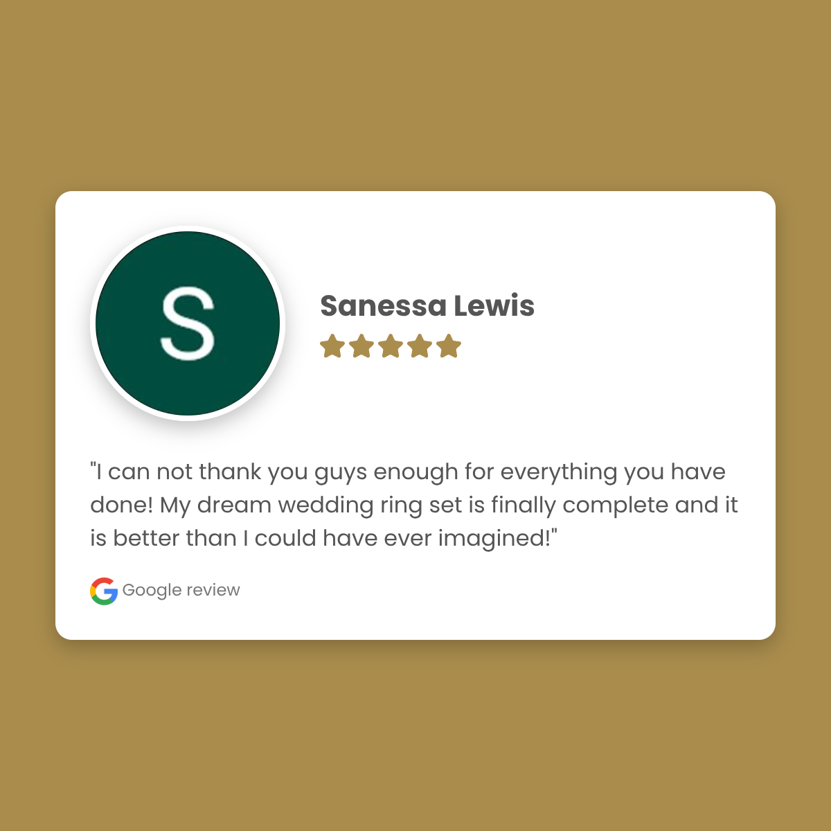 Google review card with Sanessa Lewis's name and a five-star rating on a gold background