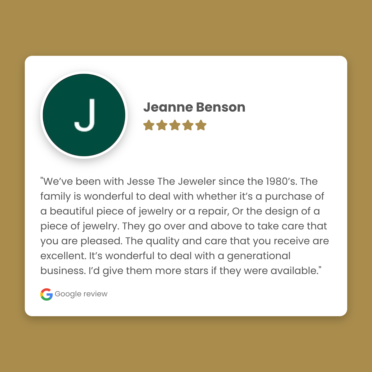 Google review card for Jesse The Jeweler with a five-star rating on a gold background