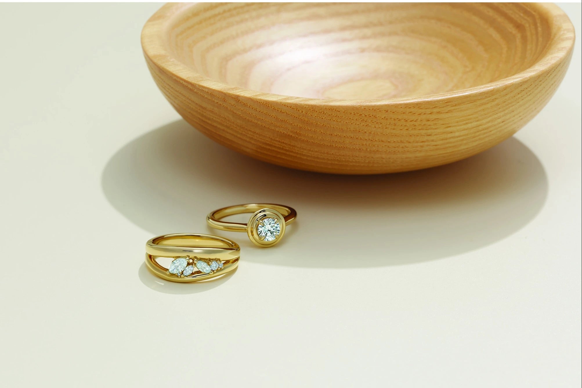 Gold diamond wedding and gold diamond round engagement ring