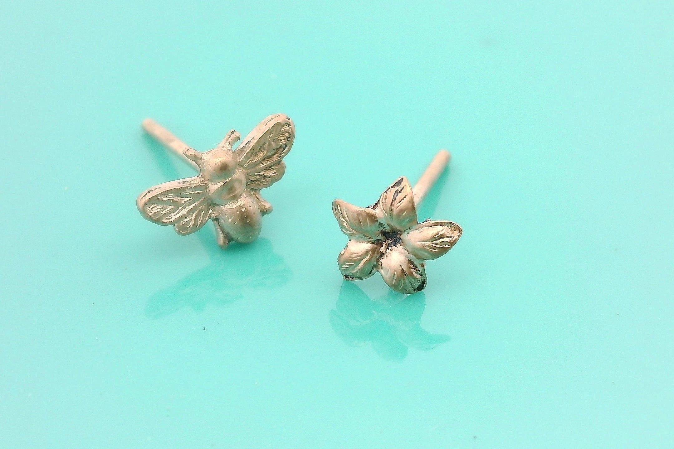 Gold custom bee and gold custom flower earrings