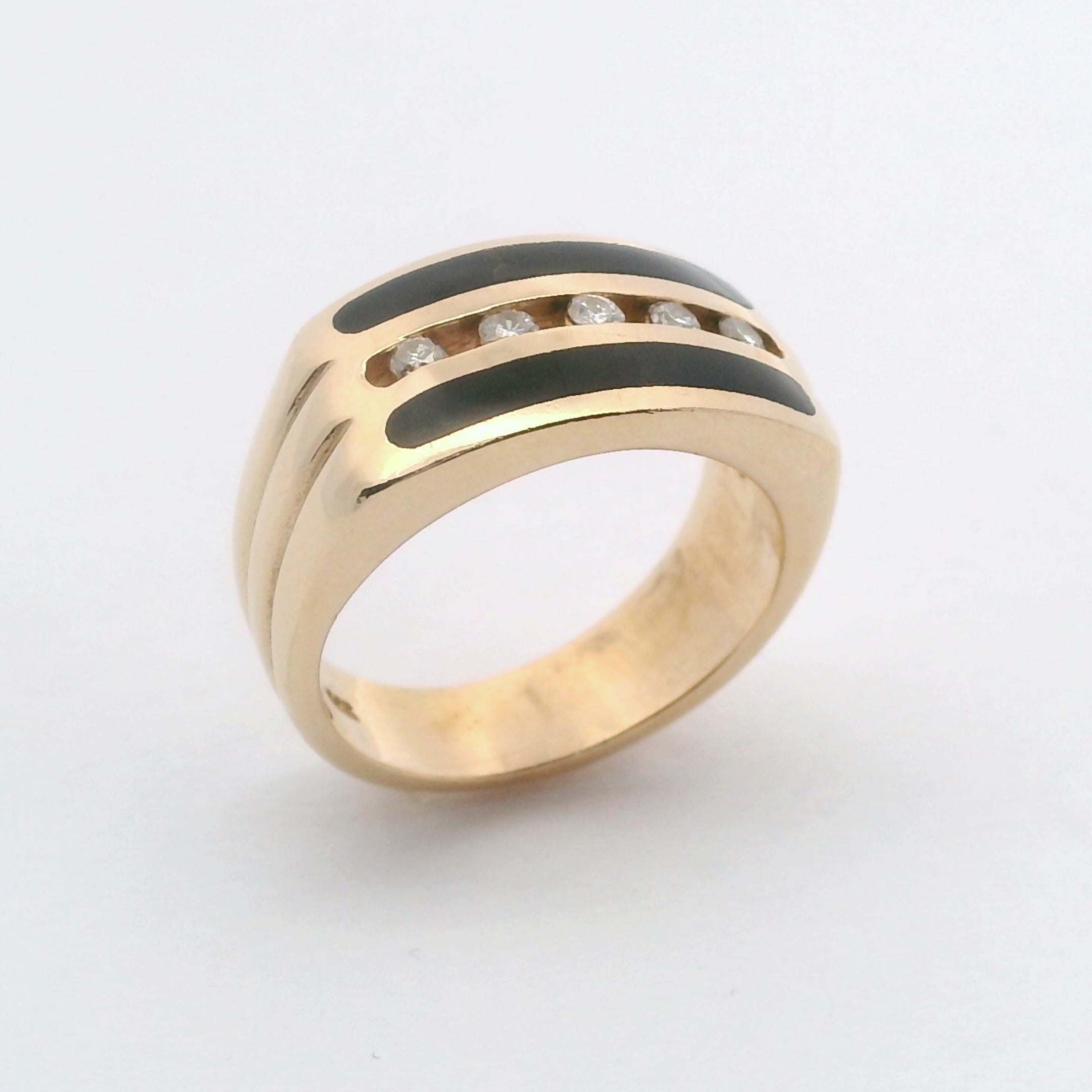 Vintage 14K Yellow Gold Inlay & Diamond Channel Set Band Ring