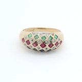 Vintage 14K Yellow Gold Dome Ring with Multi-Gemstone & Diamond Rows