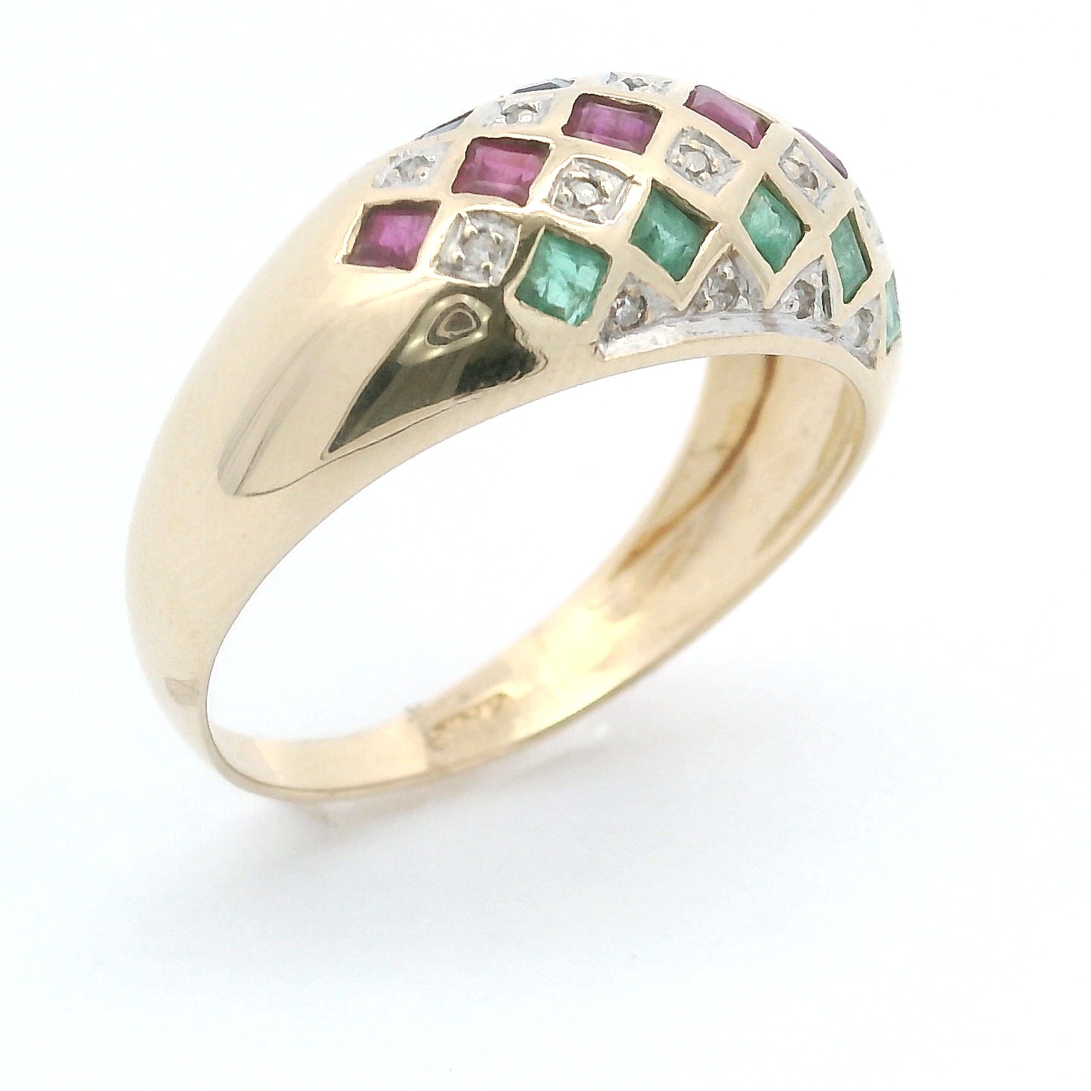 Vintage 14K Yellow Gold Dome Ring with Multi-Gemstone & Diamond Rows