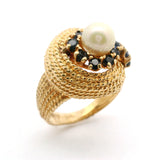 Vintage 14K Yellow Gold Rope Twist Swirl Pearl & Sapphire Cocktail Ring