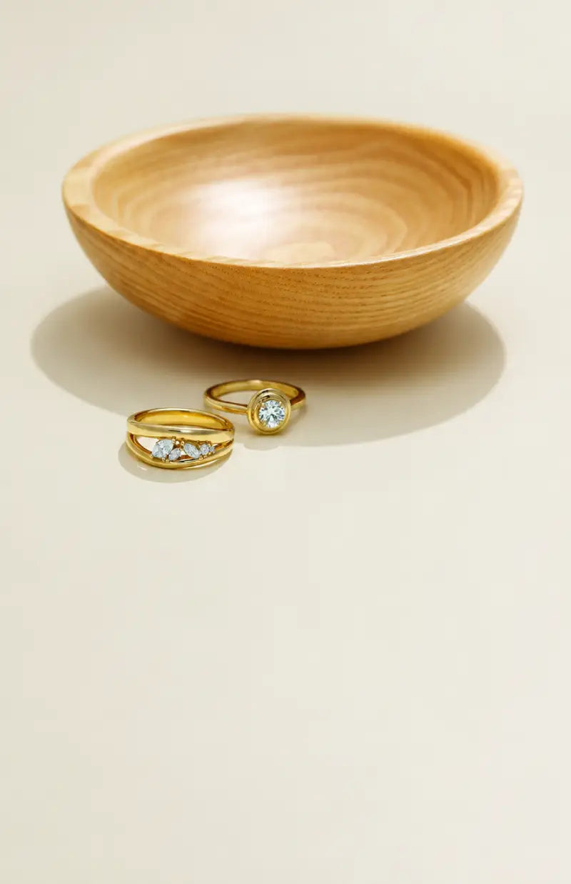 Gold diamond wedding and gold diamond round engagement ring