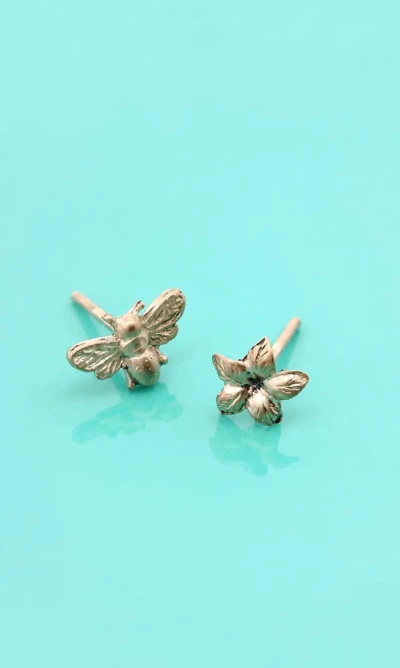 Gold custom bee and gold custom flower earrings